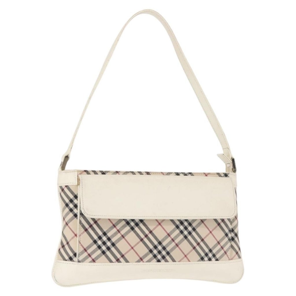Authentic Burberry Nova Check Shoulder Bag Canvas Leather White Silver